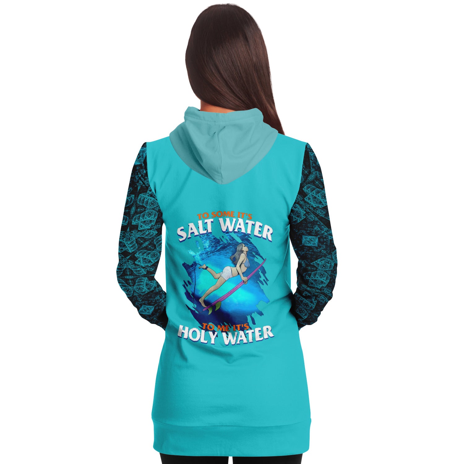 To Some Its Salt Water: Longline Hoodie Featuring a Surfer Girl and Celtic Design