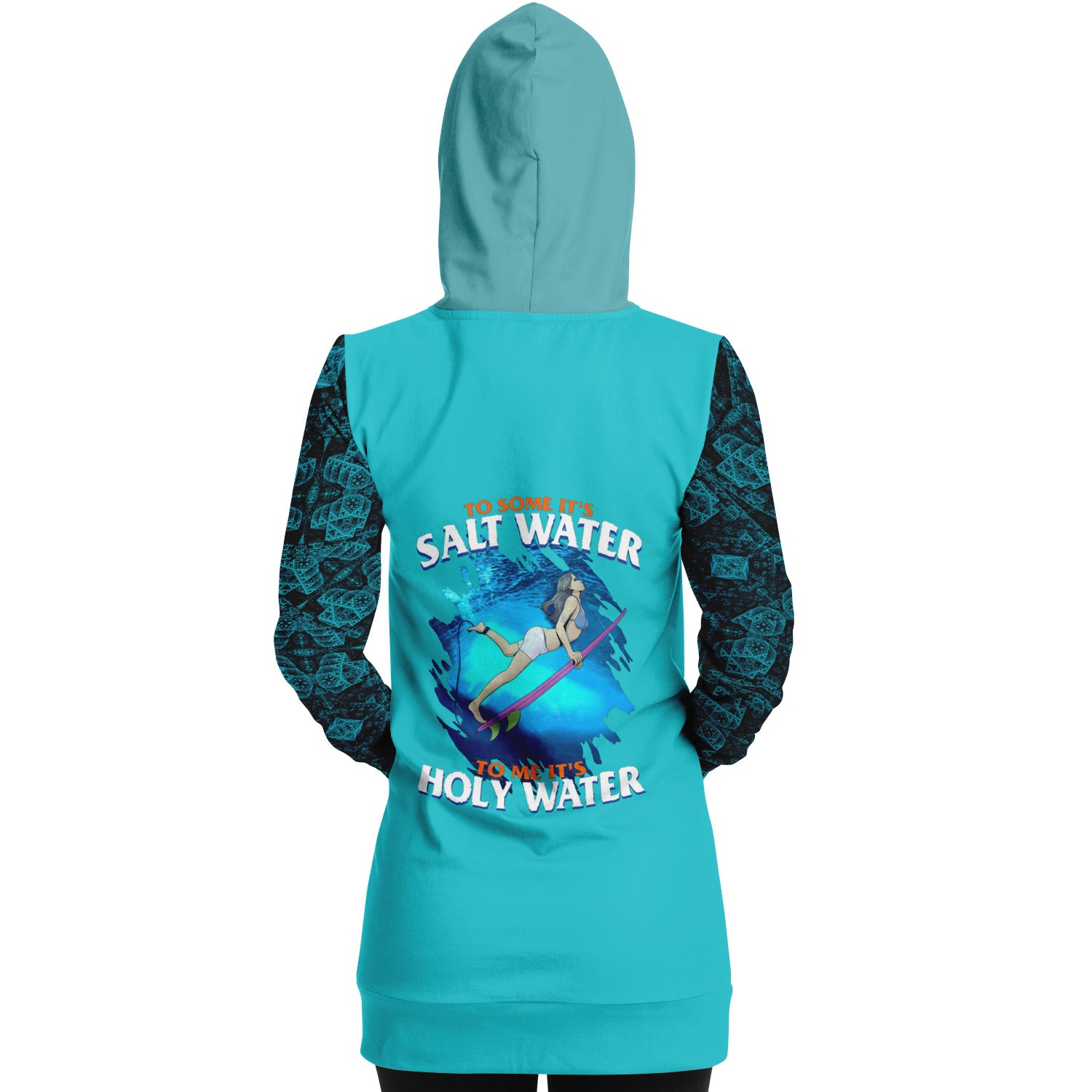 To Some Its Salt Water: Longline Hoodie Featuring a Surfer Girl and Celtic Design