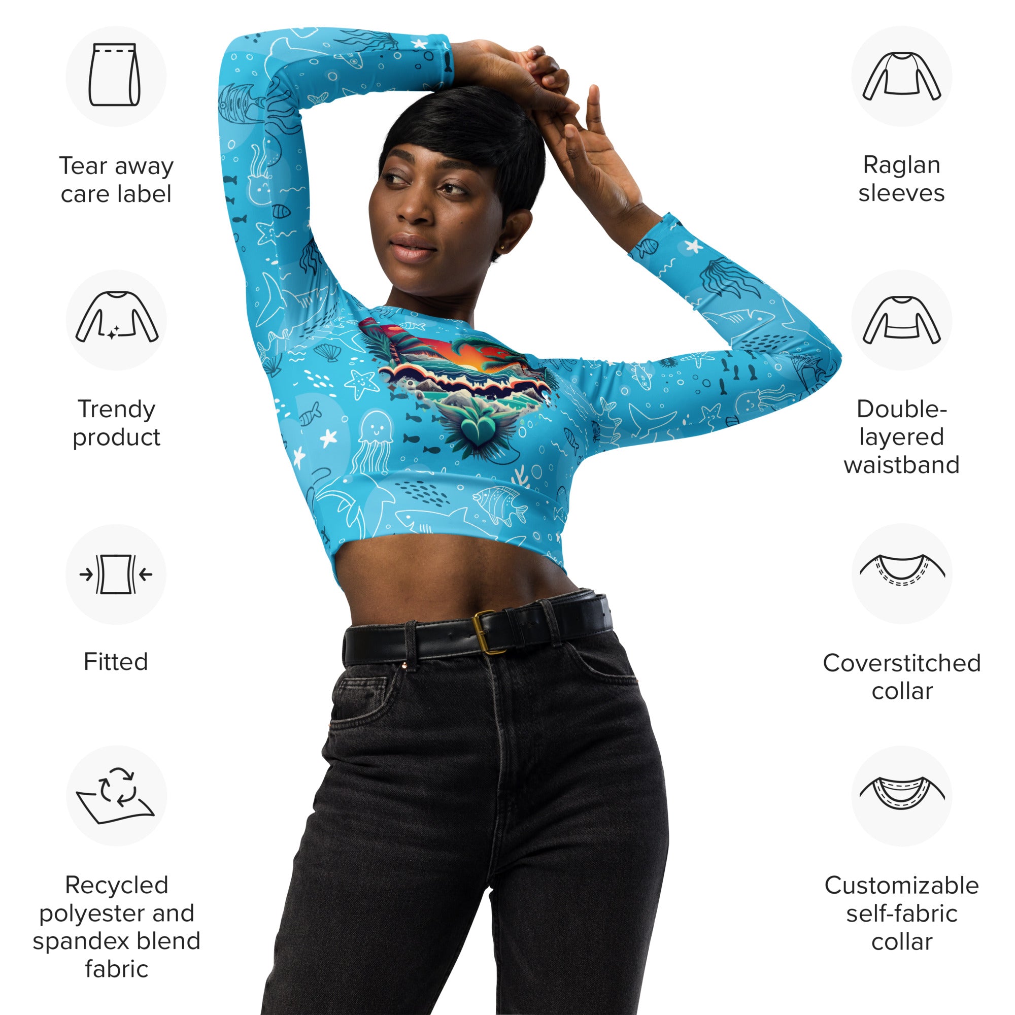 Ocean Bliss Heartbeat Long-Sleeve Crop Top: Eco-Chic and Sun-Kissed Style