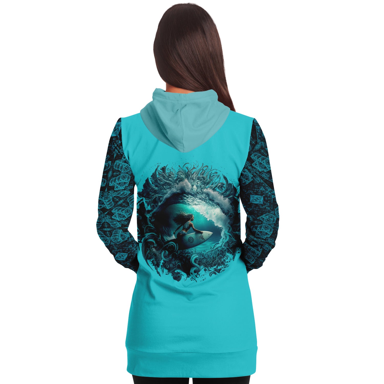 Ride the Waves with Style: Longline Hoodie Featuring a Surfer Girl and Celtic Design